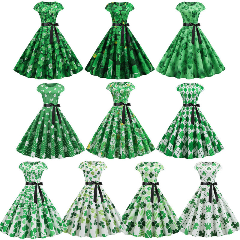 2026 New Cross-Border Summer Round Neck Short-Sleeve Clover Party Dress with Large Hem and 3D Digital Print