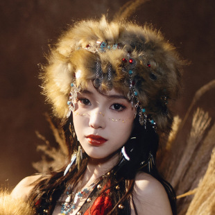 Fox Fur Tribe Princess Travel Hat Shawl Headdress Photography Travel Clothing Accessories Hair Hat Necklace Shawl