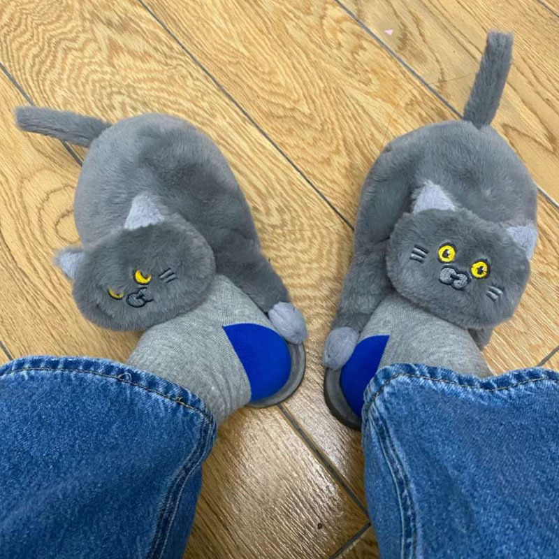 Gato azul fregona de algodón gato sensación de tacón medio cubierto zapatos de algodón abrazo felpa casa lindo cálido Rocío talón simulación gato zapatillas