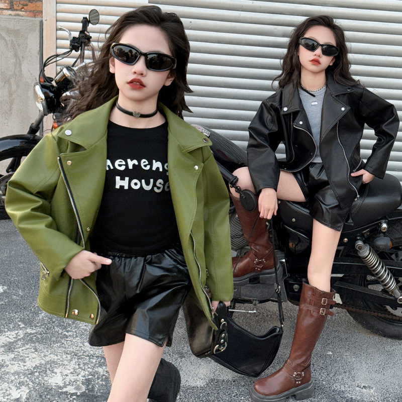 Children's Motorcycle Leather Jacket 2025 New Girls Trendy PU Leather Jacket European And American Large Size Girl Leather Coat_voghion.com