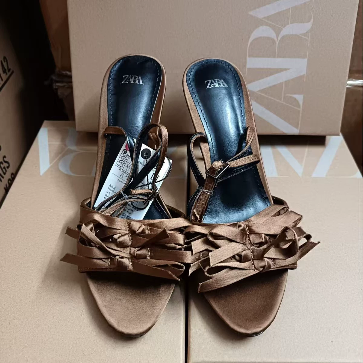 ZA 2025 spring and summer new one-strip olive brown bow decoration sandals brown stiletto heel hollow fashion women's shoes