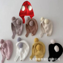 ins韩版可爱球球婴儿护耳帽子 秋冬纯色毛绒婴童小宝宝针织套头帽