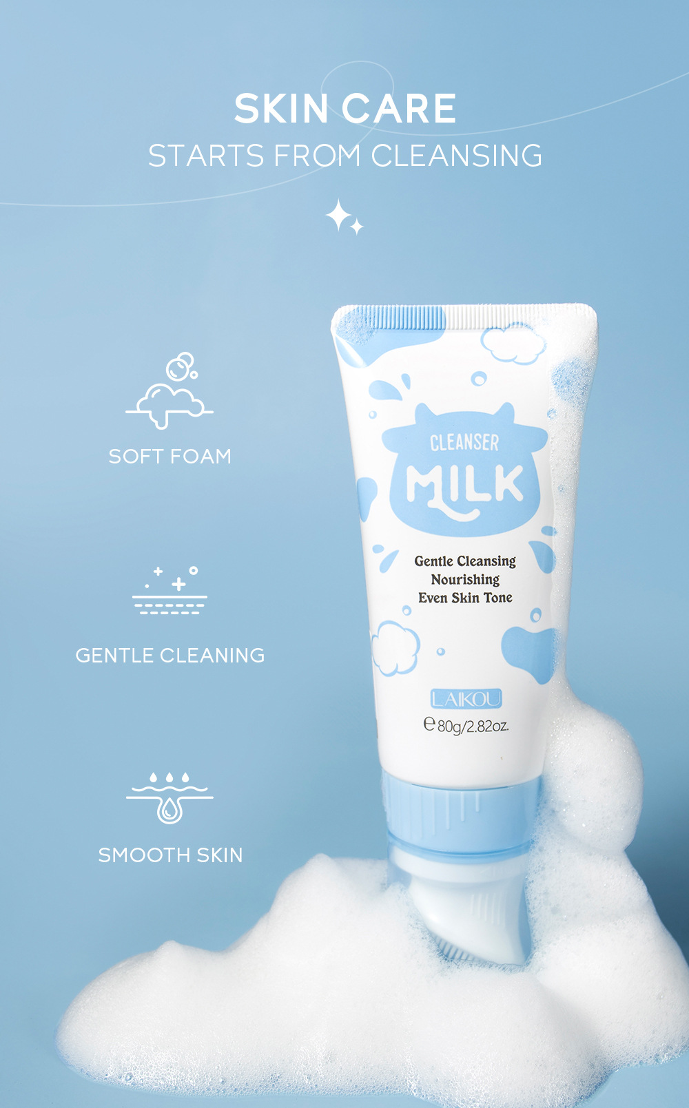 Cross-border LAIKOU Milk Facial Cleanser 80g hydrating, moisturizing, pore-cleaning and nourishing, factory in stock wholesale undefined