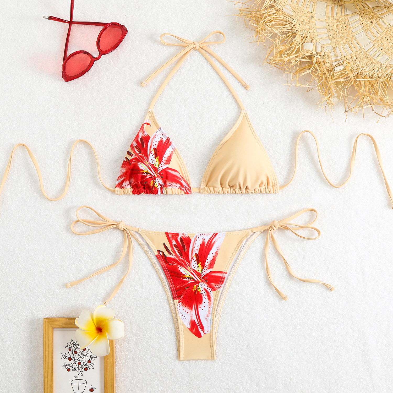 84g Weight Sexy Feel Of Sensation Bikini Panties Style Polyester Fabric Type 2 Pieces Set Quantity Swimming Pool, Beach Occasion Flower Pattern Women's Gender Women's Flower 2 Pieces Set Bikinis Swimwear 5