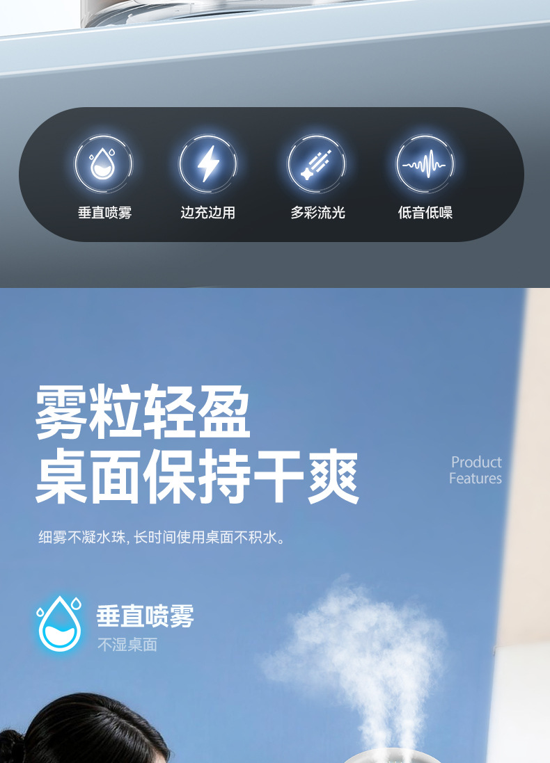 跨境新款数显双喷雾加湿器 七彩氛围灯桌面家用办公室小型加湿机