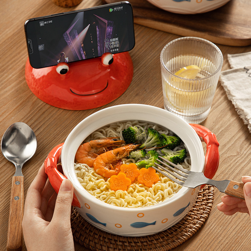 蓋付きクリエイティブオーシャン食器セラミックインスタントラーメンボウル携帯電話ホルダー両耳インスタントラーメンボウル学生寮食事ボウル|undefined