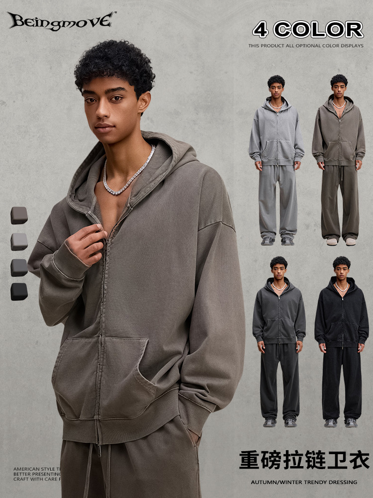 Calle secada| 2025 otoño Europa y América marca de moda pesada con cremallera con chaqueta encapuchada camiseta deportiva con sombrero de anillo para hombres comercio exterior