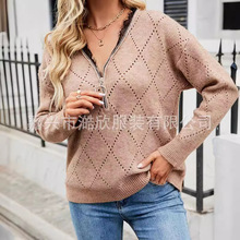 秋冬季新款毛衣气质V领蕾丝套头衫欧美外贸镂空拉链长袖针织衫女