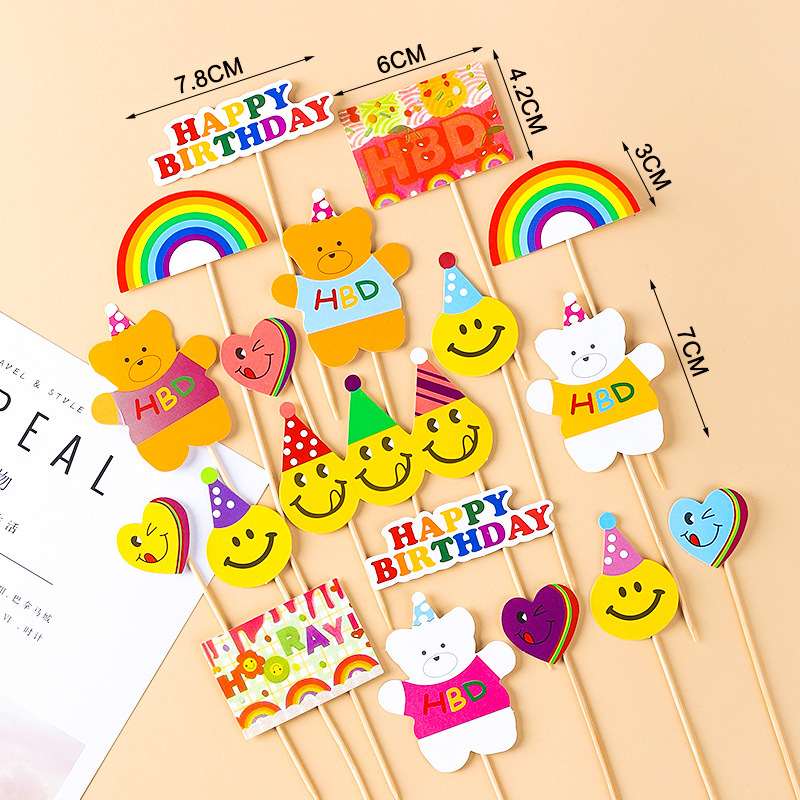 Internet Celebrity ins Style Rainbow Flower Smiley Durian Cake insert Xiaohongshu Same Style Party Decoration insert Wholesale