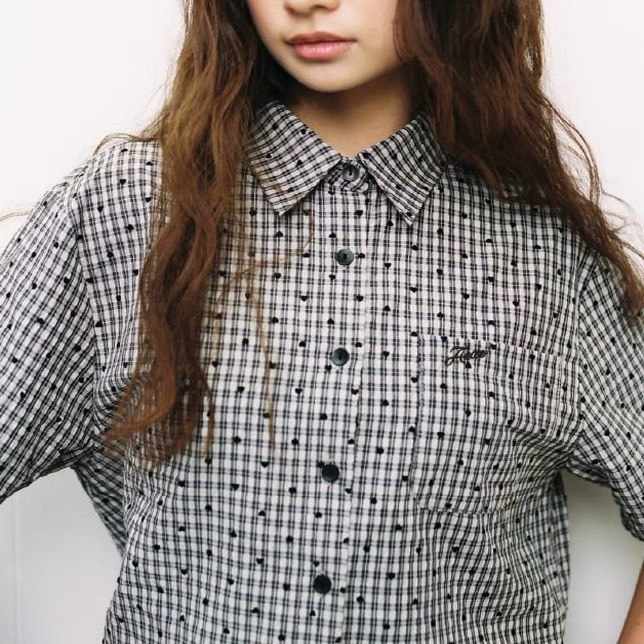 韓国ニッチaeae半袖シャツラブドットチェック柄シンプル刺繍ルーズラペル遊び心のあるかわいいTシャツ|undefined
