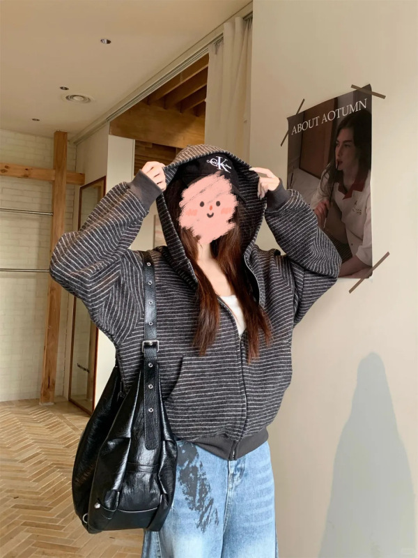 黑灰色条纹卫衣外套女款连帽开衫秋季2025新款韩系上衣小众慵懒感|undefined