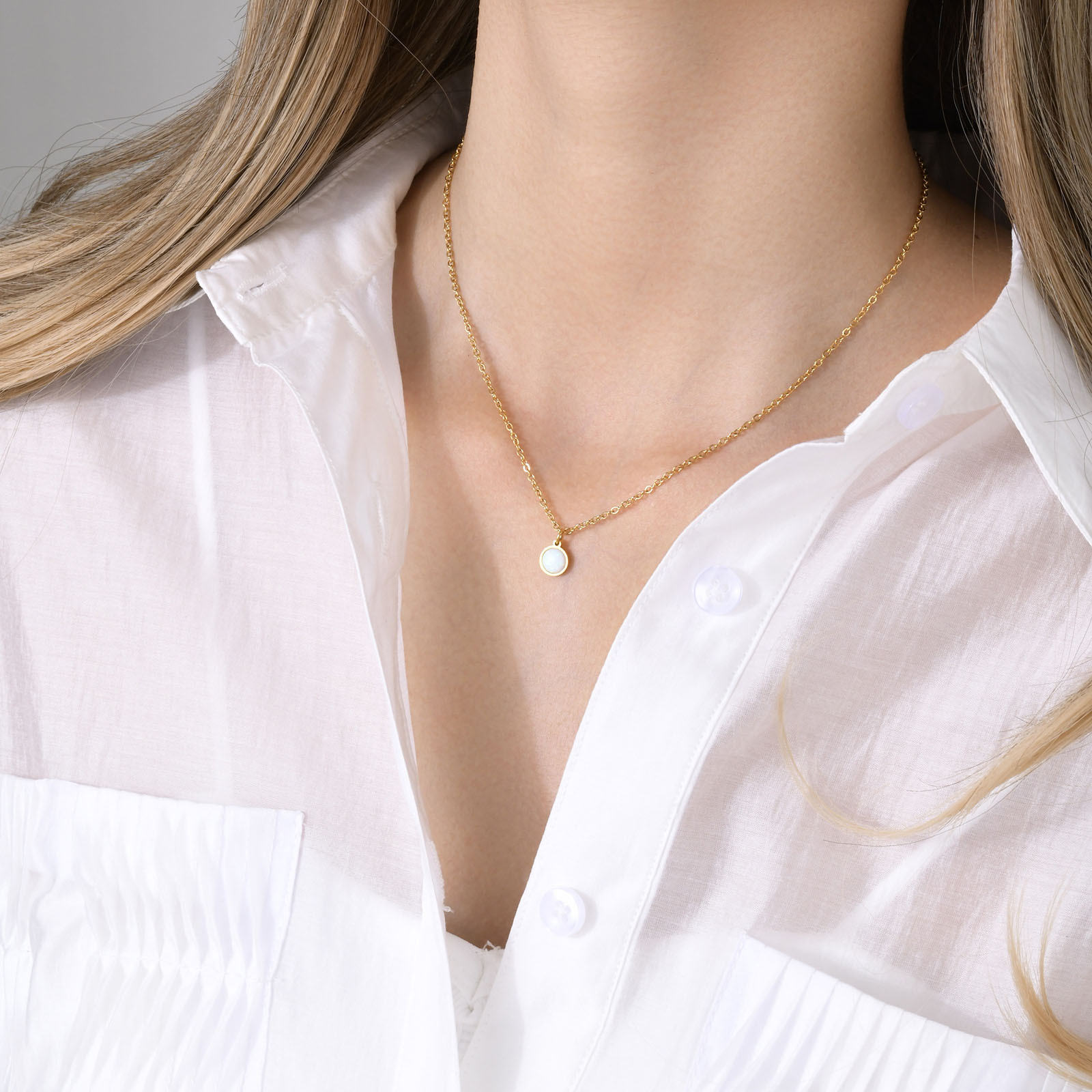201 Stainless Steel Material Elegant Round Titanium Steel Plating Opal Stone Pendant Necklace
