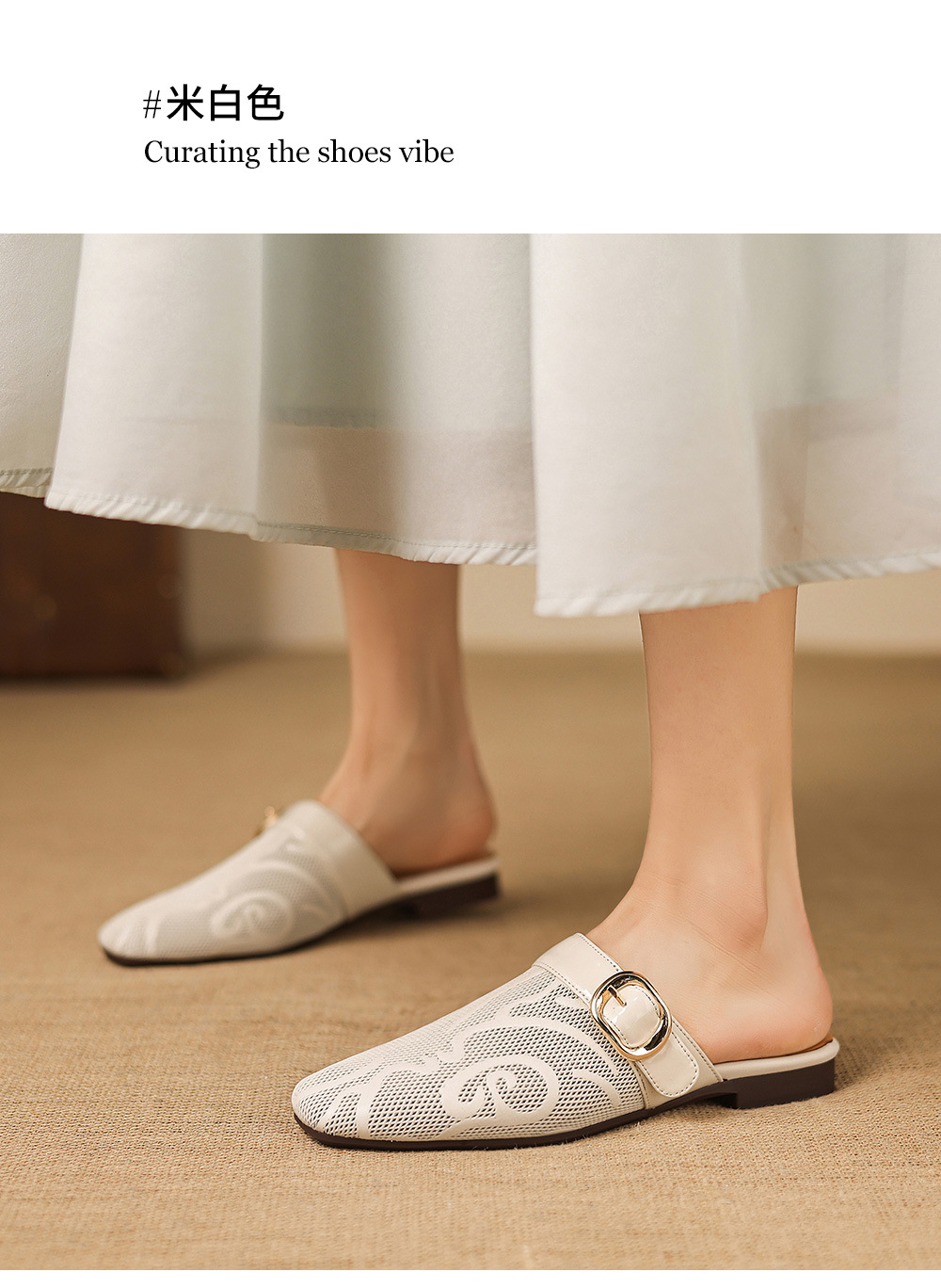 Dép sandal nữ mũi trùm đế bệt chất liệu da bò lưới sợi phong cách Muller — đen chi tiết 6