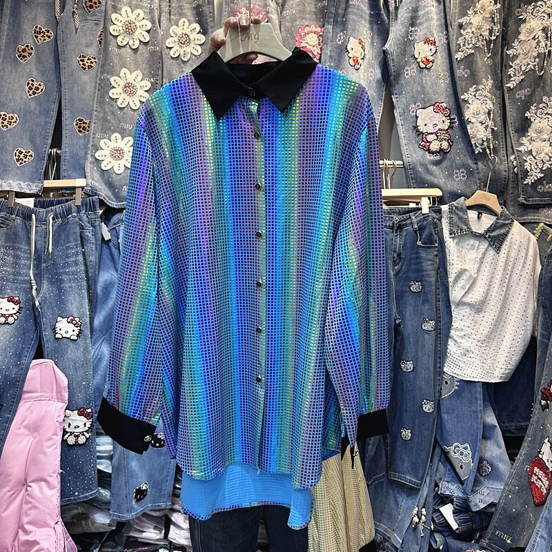 European Style Fashionable Rainbow Striped Shirt for Women, New Spring/Summer Loose Long-Sleeve Design, Versatile Trendy Top European Style Fashionable Rainbow Striped Shirt for Women, New Spring/Summer Loose Long-Sleeve Design, Versatile Trendy Top