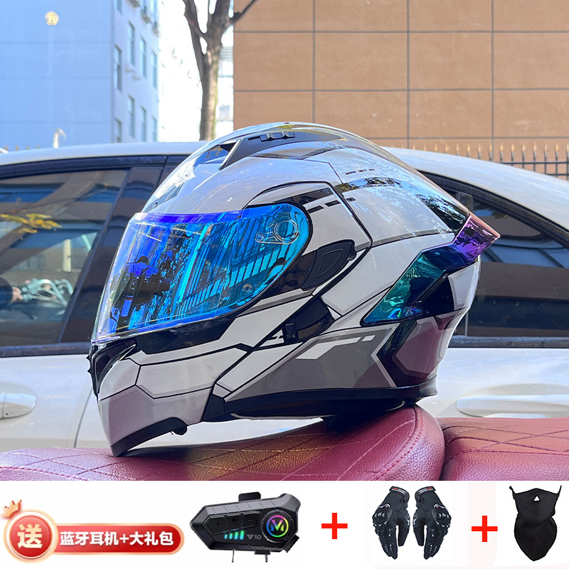 Casco de exposición Orz para hombres y mujeres invierno Doble espejo coche eléctrico semi-Casco completo cola de color coche deportivo ranura Bluetooth cuatro estaciones casco