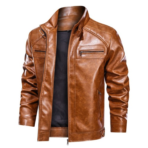 Amazon Autumn and Winter Straight Hem Side Pocket Unhooded Motorcycle Leather Jacket European and American Youth Stand Collar Jacket Men