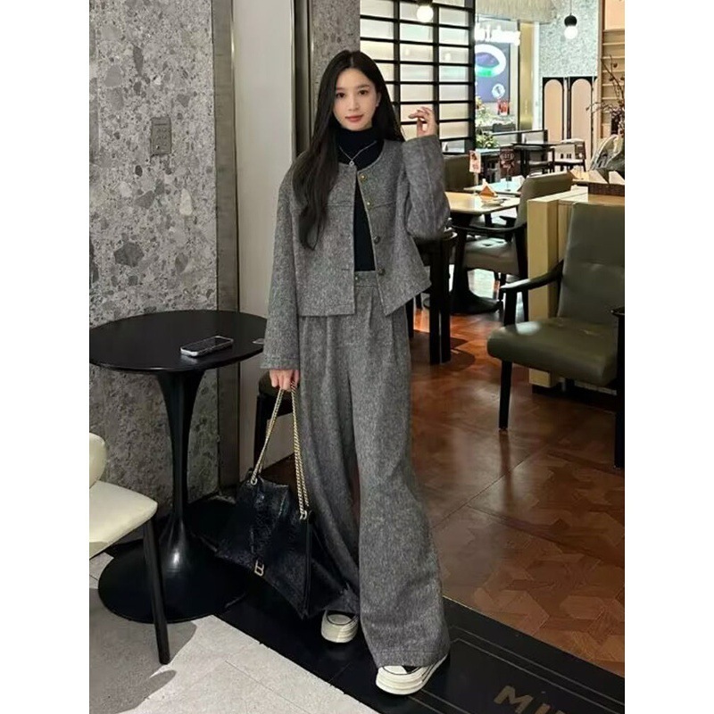 穿搭一整套高级感时尚套装女秋冬小香风毛呢外套休闲阔腿裤两件套|undefined