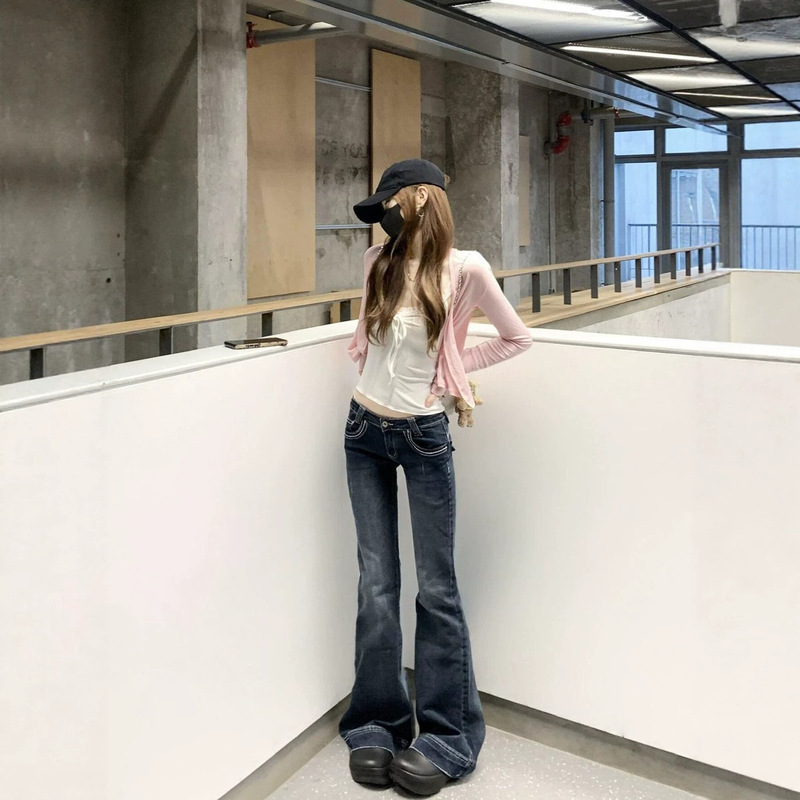 Blue-Gray Spicy Girl Style American Low-Waist Flared Jeans for Women, 2026 New Vintage Washed Slim-Fit Bootcut Pants