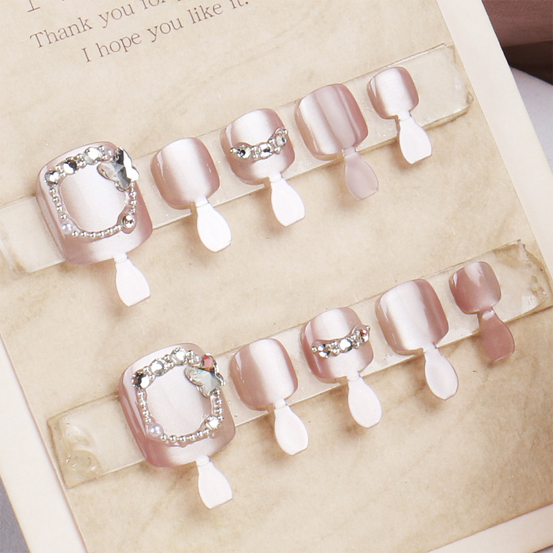 Toenail Wearable Nail Tips Tiktok Popular Finished Product Wholesale Gentle Pink Rhinestone Toe Wearable Nail Tips Removable