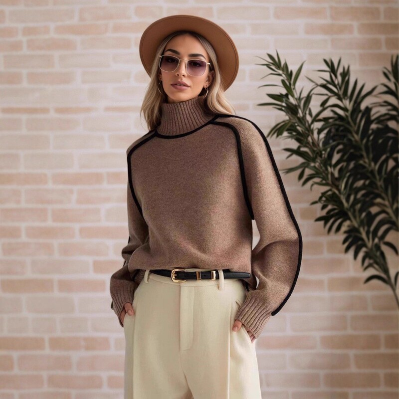 Cross-Border Trade Autumn and Winter Half-High Collar Three-Dimensional Striped Slimming Casual Loose Pullover Knit Sweater Lazy Style Sweater