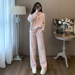 春秋の怠惰な風のレジャーのスポーツのスーツの虹のゆったりしている帽子のパーカーの高い腰の広い足のズボンの2つのセットの婦人服