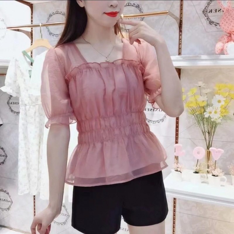 스퀘어 칼라 쉬폰 셔츠 여성용 2023 여름 새로운 디자인 센스 타이트 웨이스트 슬리밍 연령 감소 탑 여성 공장 콘센트