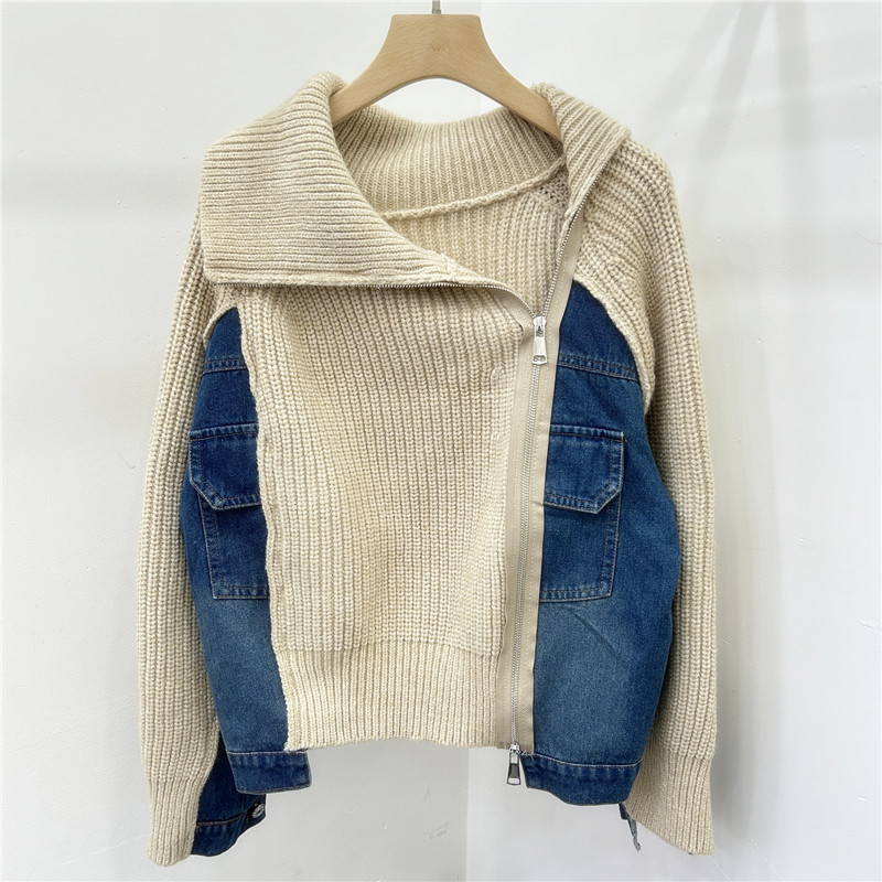 Chaqueta de Punto con Cuello Alto de Mezclilla con Cremallera