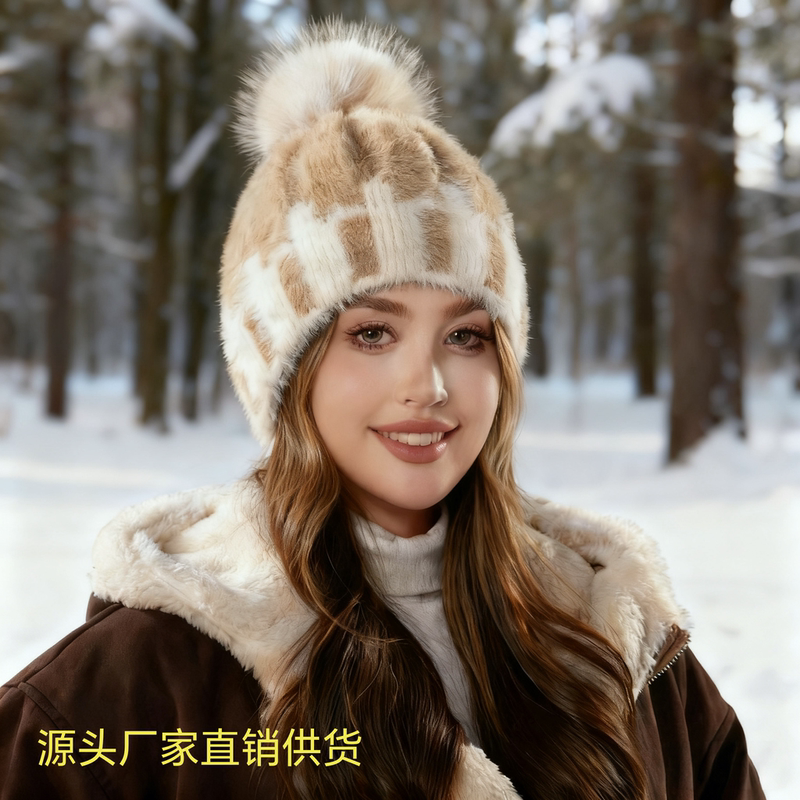 Cross-Border Adult Color-Blocked Woolen Hat, Winter Pom-Pom Hat, Knitted Ear Protection Hat, Fox Fur Outdoor Women's Hat Cross-Border Adult Color-Blocked Woolen Hat, Winter Pom-Pom Hat, Knitted Ear Protection Hat, Fox Fur Outdoor Women's Hat