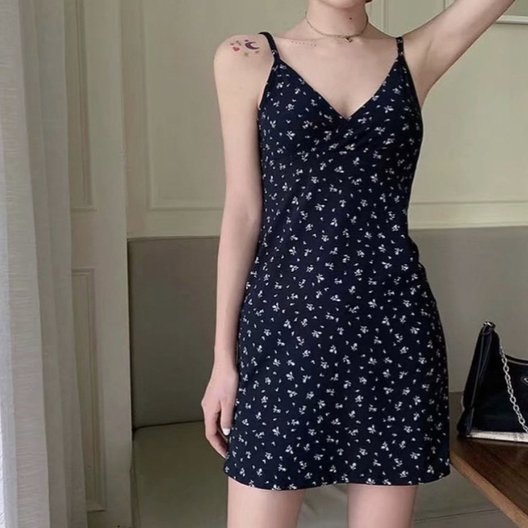 Bm Style American Retro V Neck Sexy Wrap Suspender Skirt Collection Dress Women's Floral Skirt Ju Yao's Same Style