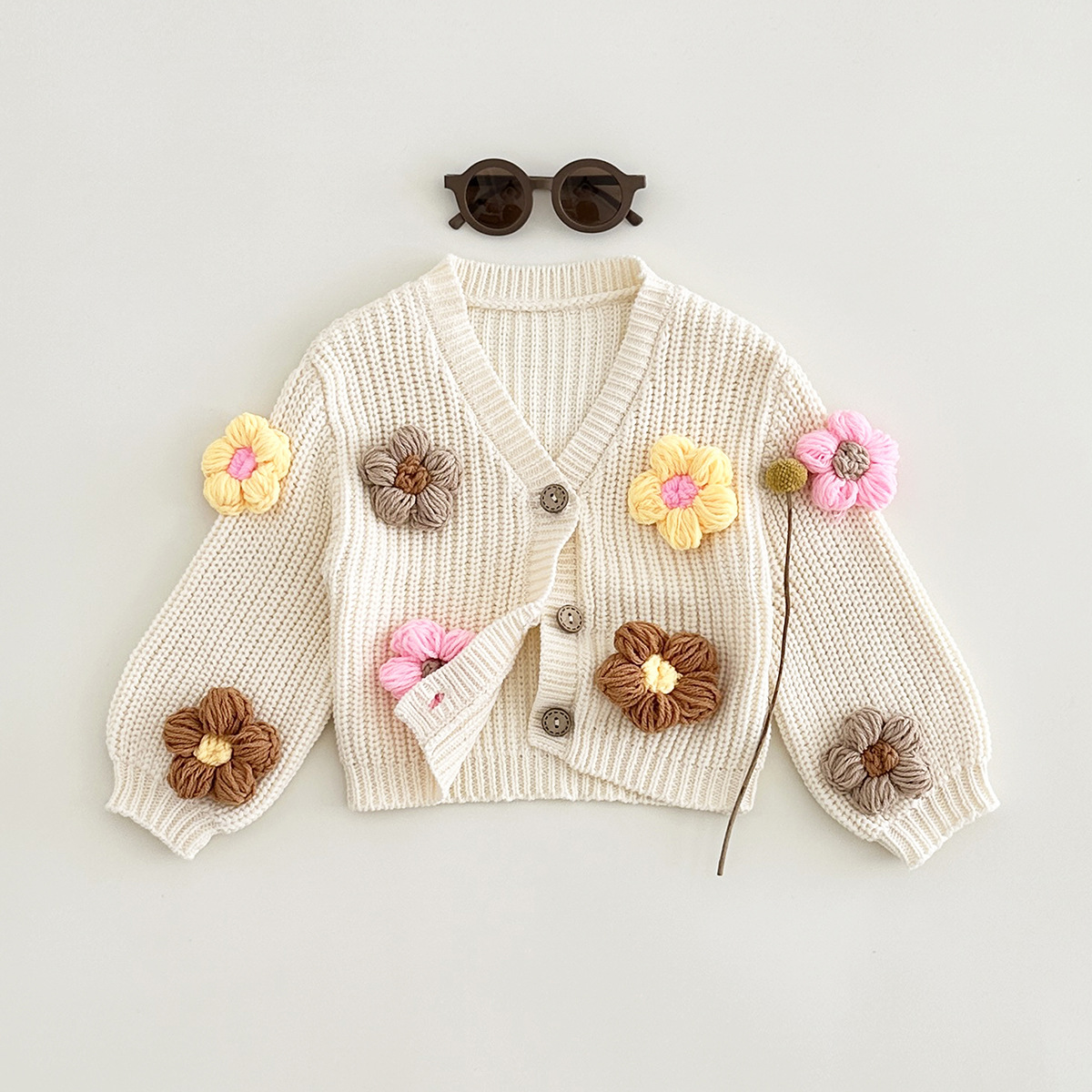 Suéter para bebés coreanos flores suaves, camisas de punto para bebés femeninos, abrigos de abrigo de abrigo de abrigo de abrigo transfronterizo