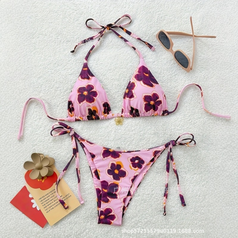 2025 New Swimsuit European and American Fashion Flower Print Sexy Triangle Bikini Women's Swimsuit