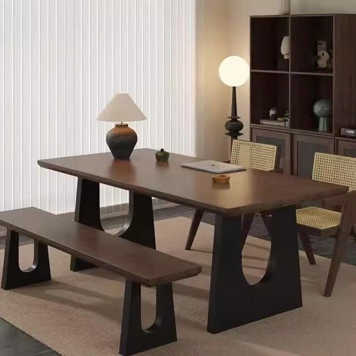 Vintage-Style Wooden Dining Table and Chairs, Rectangular, Simple Living Room Long Desk, Workbench, Solid Wood Large Board Dining Table