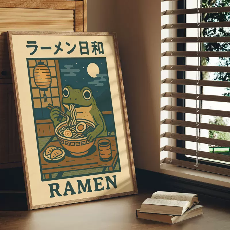 跨境热销复古日式温泉青蛙插画装饰画浴室卫生间餐厅挂画网红民宿