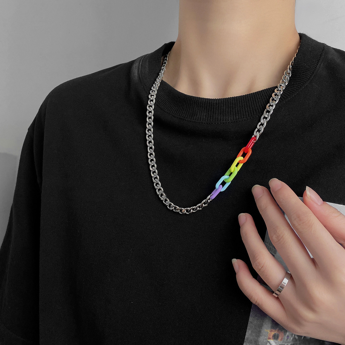 fashion simple geometric hollow chain colorful stitching titanium steel necklace