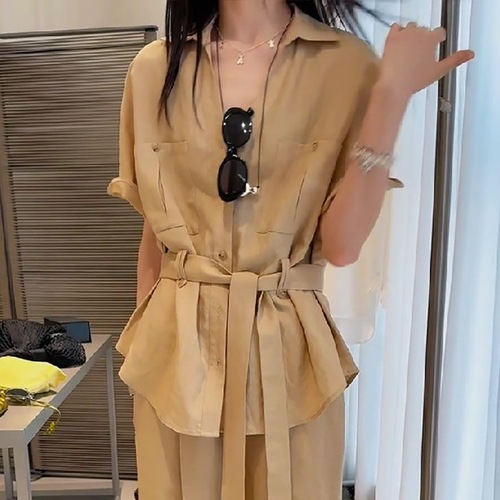 Women's European Leisure Fashion High-end Solid Color Set Summer 2025 New Loose Short Sleeve Shirt Wide Leg Pants Two-Piece Set