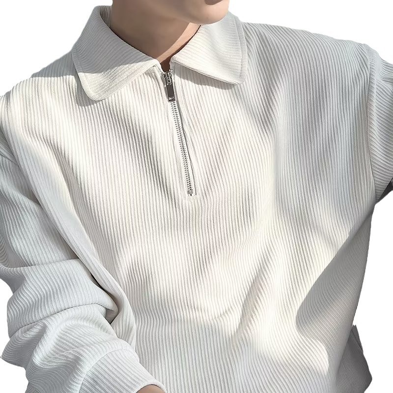 Otoño nuevo estilo semi-cremallera polo para hombre retro suelto diseño casual sentido de nicho top suéter de color sólido