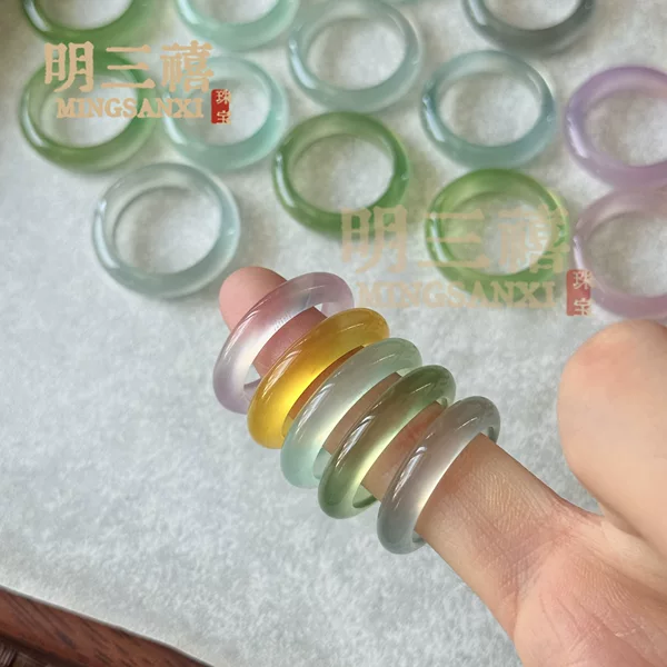 Natural High Ice Horse Material White Chalcedony Ring Champagne Gold Agate Ring Ice Transparent Pink Jade Ring Sky Blue Ring