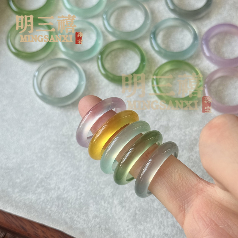 Natural High Ice Horse Material White Chalcedony Ring Champagne Gold Agate Ring Ice Transparent Pink Jade Ring Sky Blue Ring