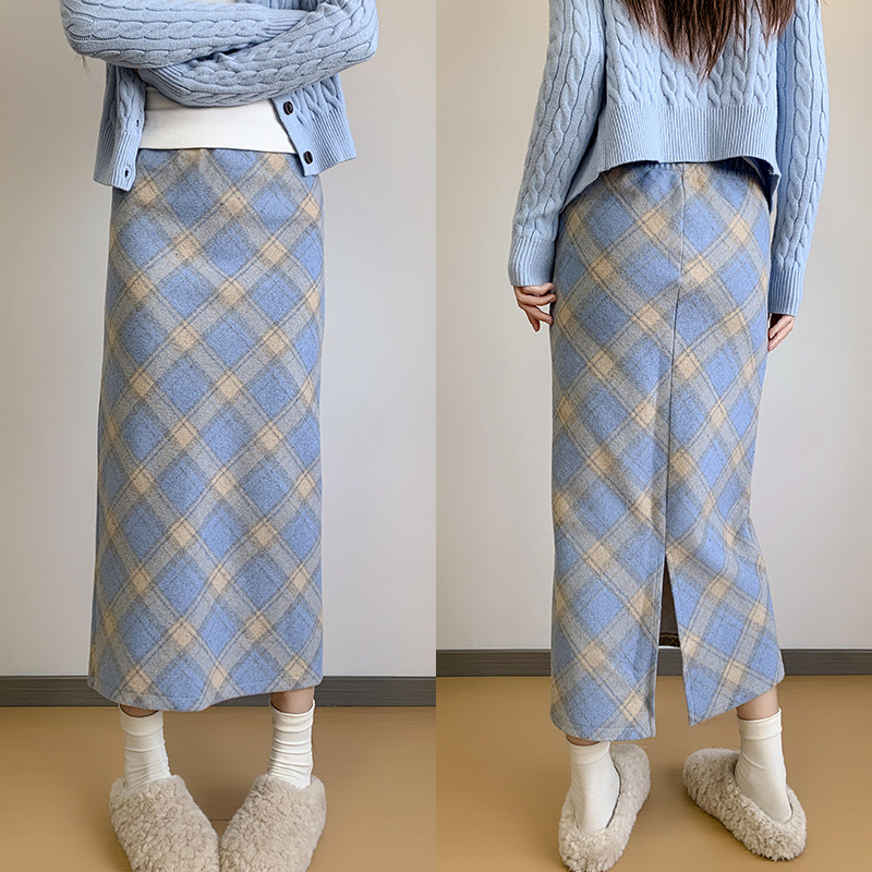 复古毛呢格子半身裙女高腰显瘦开叉直筒秋冬季加厚加绒包臀长裙子