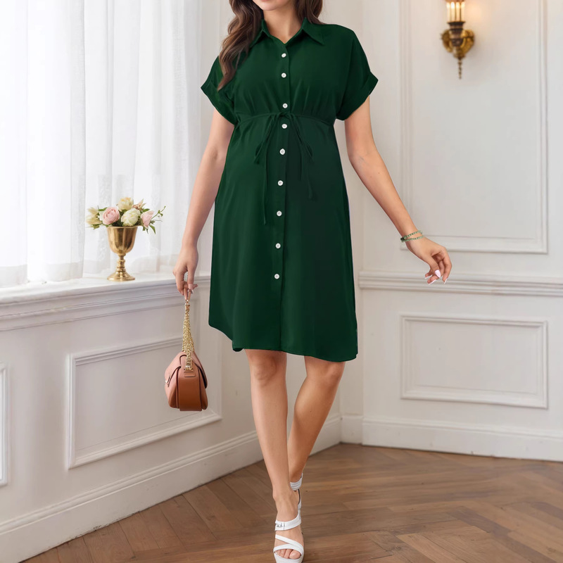 European and American New Maternity Wear Summer Short-Sleeved Button Casual Maternity Skirt Fashion Belt Shirt Maternity Dress