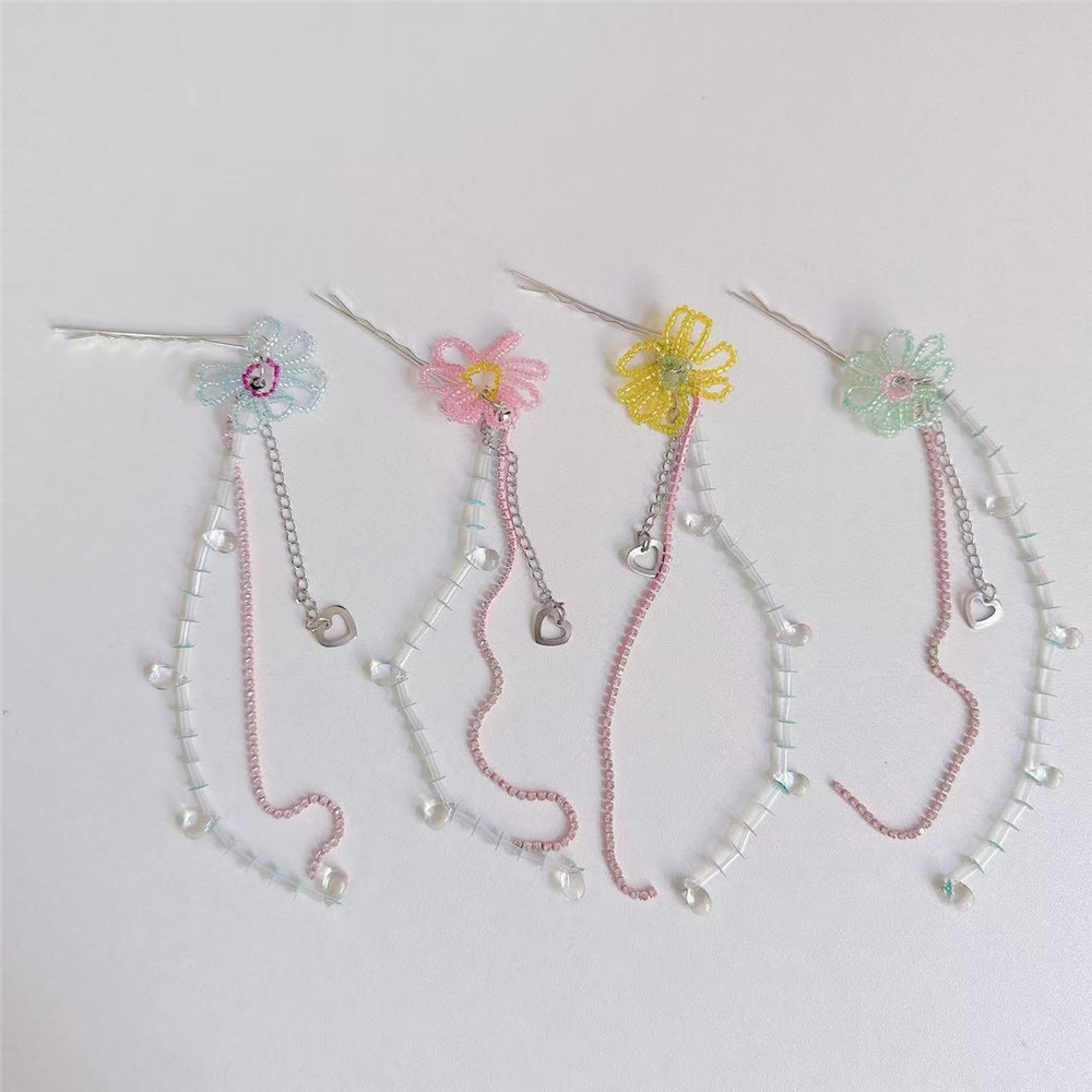 Handmade Flower Crystal Heart Pendant Hairpin Fashion Girly Bangs Clip Hair Accessory Side Clip昭和風原宿