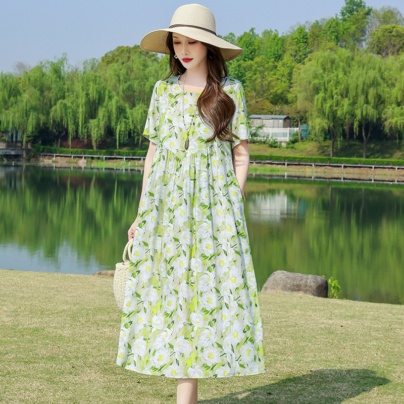 新しい夏のハイエンドコットンシルクドレス女性のミッドレングスファッショナブルなアウターウェア人工綿花柄コットンシルクスカート|undefined