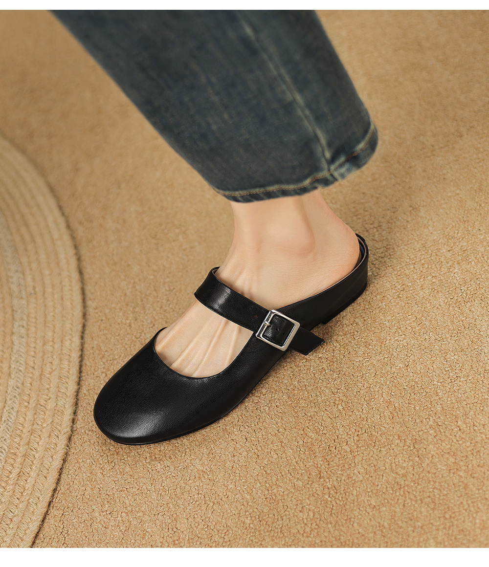 Sandal nữ quai chữ V đế bệt mũi tròn hở gót — đen chi tiết 11