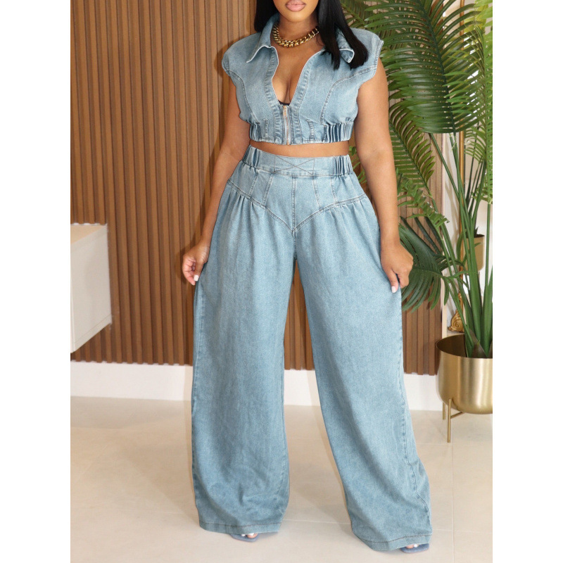 Al314 Amazon Cross-Border European and American Clothing Jeans Suit Sexy Sleeveless Two-Piece Loose Straight Summer