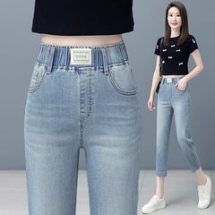 女性のためのクロップドジーンズ 2025 夏の新しいスタイルの伸縮性のあるハイウエスト弾性痩身レトロな小男キャロットクロップドパンツ