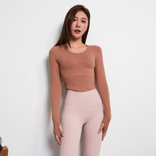 带胸垫瑜伽服女罗纹裸感lul运动长袖U领紧身外穿网红健身上衣秋冬