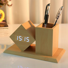 创意家居座钟 LED菱形木质笔筒钟 简约办公礼品 夜光静音电子钟
