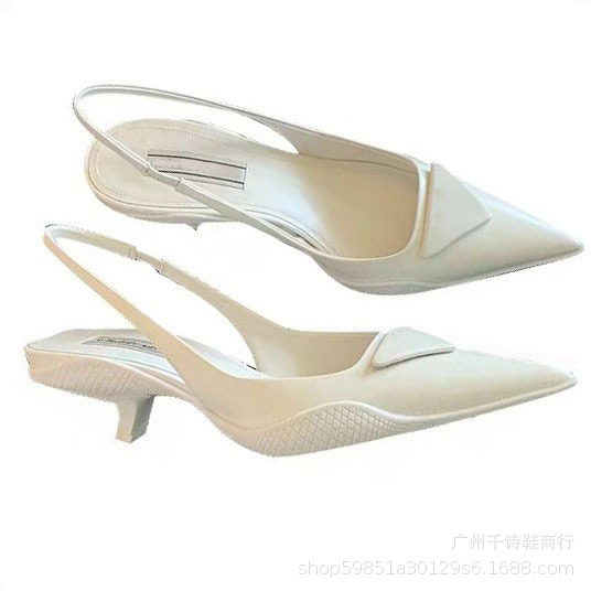 High Version P Home Triangle Standard Baotou Sandals Women's New Cat Heel Fairy Wind Rear Empty Leather Pointed High Heels
