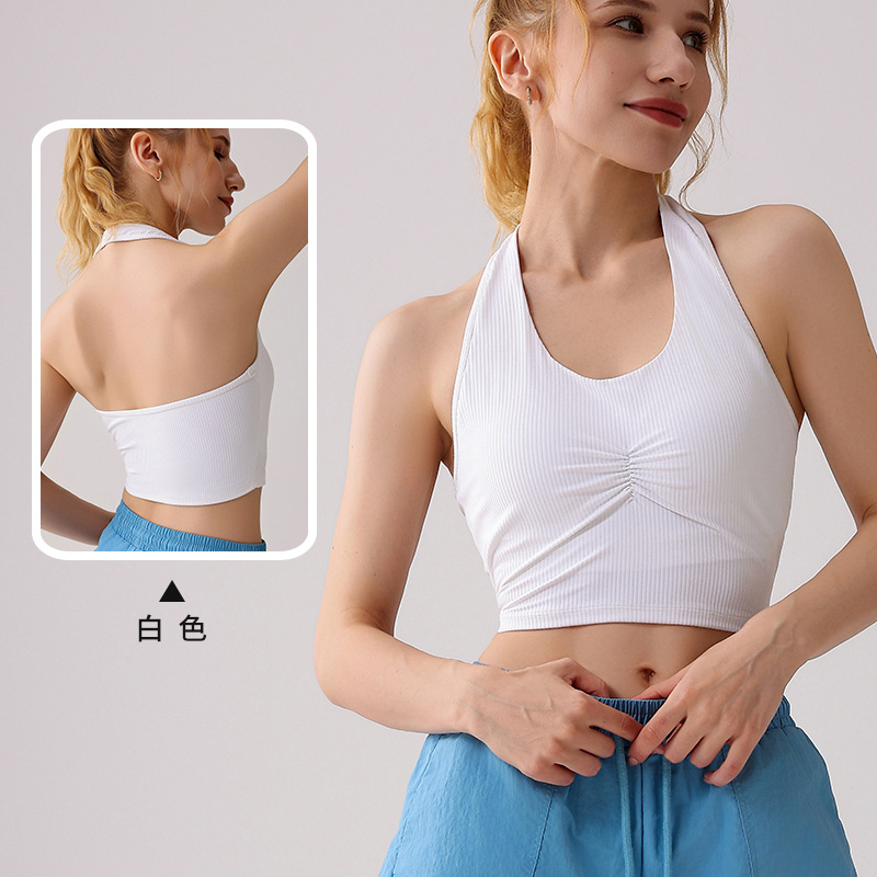Yoga europeo y americano, cuello halter, roscado, pliegues, sujetador, chaleco deportivo al aire libre para mujer, fitness, hermosa espalda, mujer deportiva