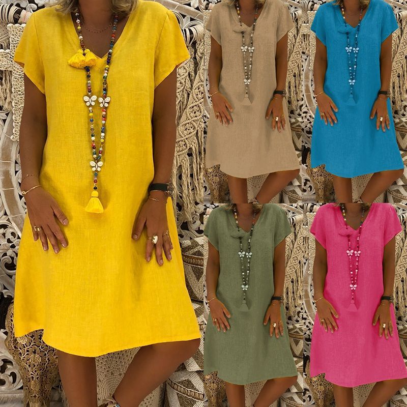 2022 AliExpress Wish Amazon explosions 11 color 8 size casual fashion solid color short sleeve V-neck dress